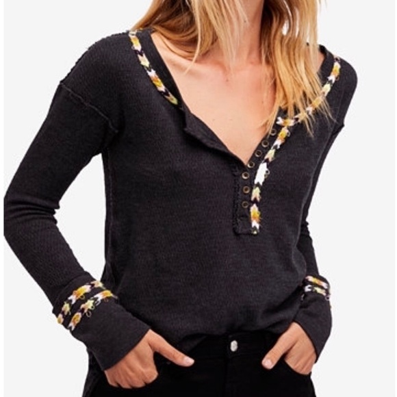 Free People Black Rainbow Embroidered Thermal Knit Henley Top - Picture 3 of 12